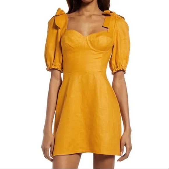 Reformation | 100% Linen Puff Sleeve Bow Tie Mustard Yellow Mini Dress Sz: 6 - Picture 2 of 9